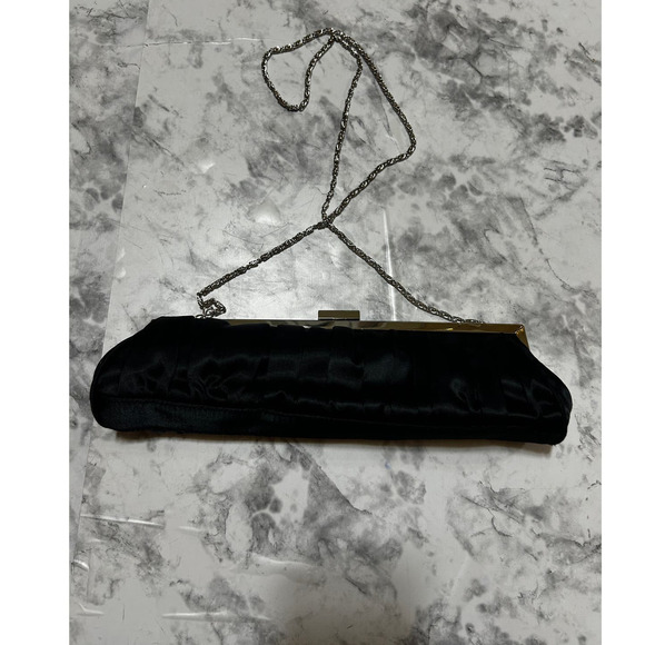 Cache Convertible Black Satin Clutch Bag S Silver Chain Evening Shoulder Purse - Picture 6 of 12